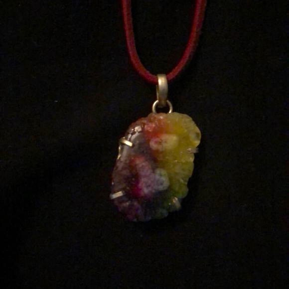 Rainbow Crystal necklace on red leather thong - Picture 3 of 5